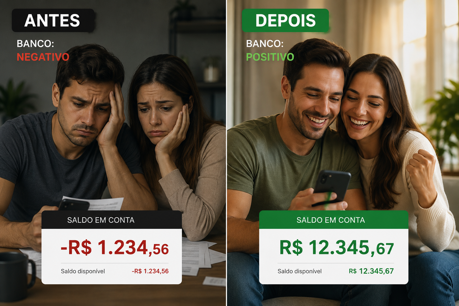 Antes e depois: o casal estressado com saldo negativo e o mesmo casal feliz com saldo positivo após o Diagnóstico Financeiro para Casais